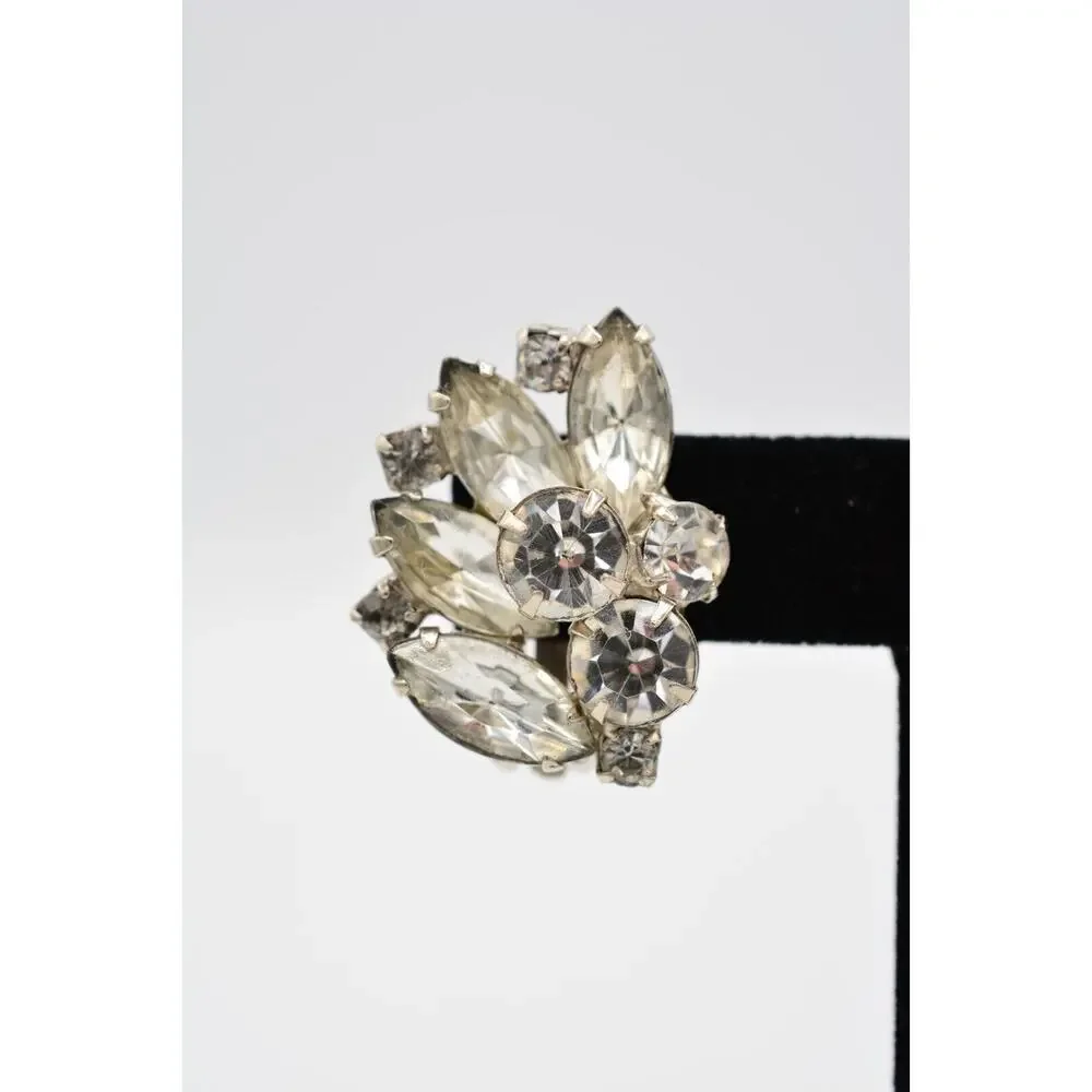 Vintage Crystal Clip Pm Earrings Shiny Rhinestone Marquise Silver 1980s BinAA